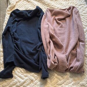 Ribbed Knit High Neck Sweater Set - Navy and Pink